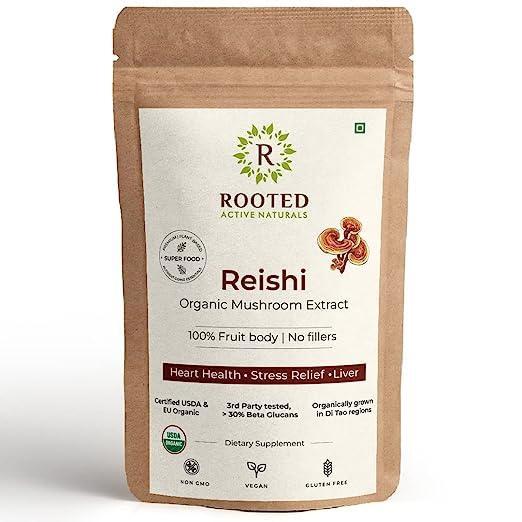 Rooted Actives Reishi mushroom Extract Powder | Heart health, Stress Relief, Liver.  supportUSDA Organic, 30% Beta Glucans.