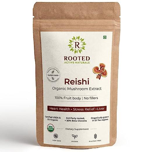 Rooted Actives Reishi mushroom Extract Powder | Heart health, Stress Relief, Liver.  supportUSDA Organic, 30% Beta GlucansMushroom Extract PowderReishi Mushroom Extract Powder | For Heart, Liver Health & Immunity