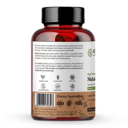 Rooted Actives Shiitake Mushroom 60 Capsules 650 mg | Supports Healthy Cholesterol & Helps BP Levels | Immunity, Heart, Skin & Hair Health & Weight Control.