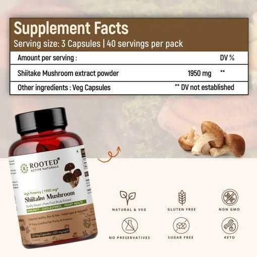 Rooted Actives Shiitake Mushroom 60 Capsules 650 mg | Supports Healthy Cholesterol & Helps BP Levels | Immunity, Heart, Skin & Hair Health & Weight Control.