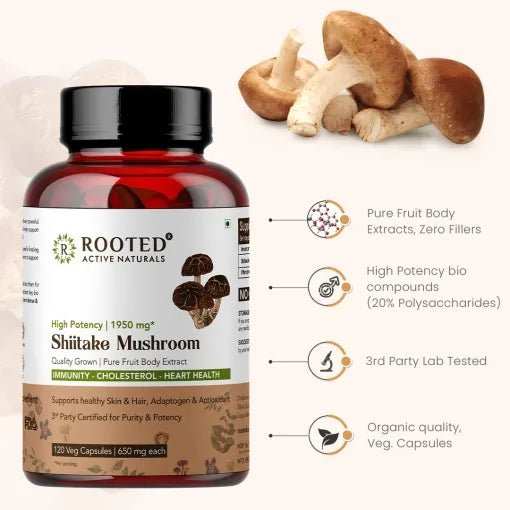 Rooted Shiitake Mushroom 120 Capsules 650 mg | Supports Healthy Cholesterol & Helps BP Levels | Immunity, Heart, Skin & Hair Health & Weight Control - CBD Store India