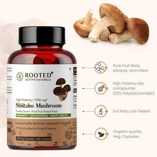 Rooted Actives Shiitake Mushroom 60 Capsules 650 mg | Supports Healthy Cholesterol & Helps BP Levels | Immunity, Heart, Skin & Hair Health & Weight Control.