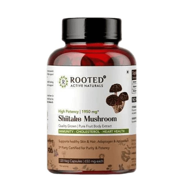 Rooted Shiitake Mushroom 120 Capsules 650 mg | Supports Healthy Cholesterol & Helps BP Levels | Immunity, Heart, Skin & Hair Health & Weight Control - CBD Store India