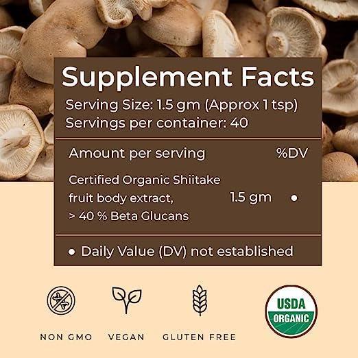 Rooted Actives Shiitake mushroom Extract Powder |.Cholesterol, Heart health, Immunity. USDA Organic, 40% Beta Glucans.
