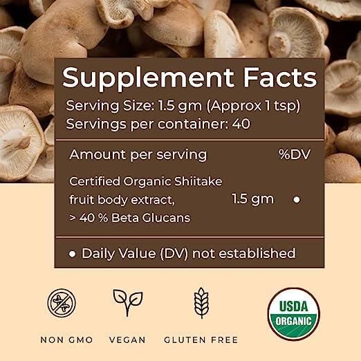 Rooted Actives Shiitake mushroom Extract Powder |.Cholesterol, Heart health, Immunity. USDA Organic, 40% Beta GlucansMushroom Extract PowderShiitake Mushroom Extract Powder | For Cholesterol, Heart & Immunity