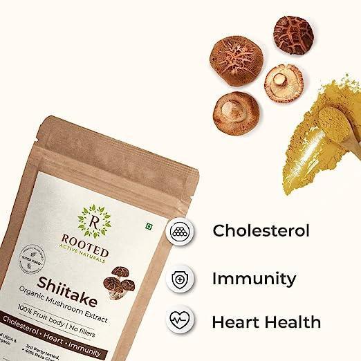 Rooted Actives Shiitake mushroom Extract Powder |.Cholesterol, Heart health, Immunity. USDA Organic, 40% Beta Glucans.