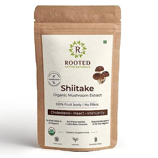 Rooted Actives Shiitake mushroom Extract Powder |.Cholesterol, Heart health, Immunity. USDA Organic, 40% Beta Glucans.