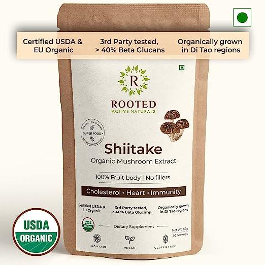Rooted Actives Shiitake mushroom Extract Powder |.Cholesterol, Heart health, Immunity. USDA Organic, 40% Beta GlucansMushroom Extract PowderShiitake Mushroom Extract Powder | For Cholesterol, Heart & Immunity