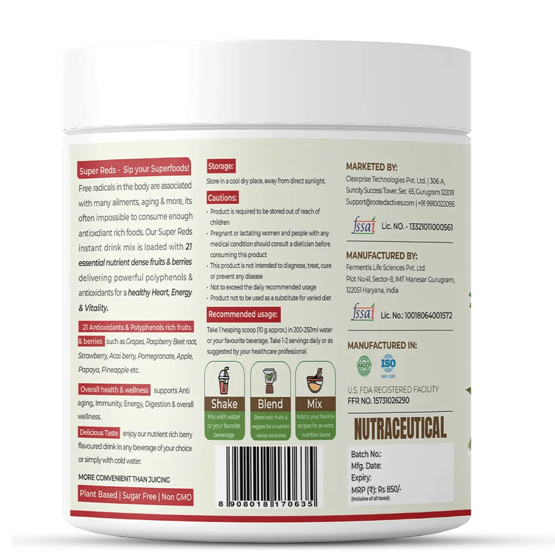 Rooted Actives Super Reds health drink ( 250 g, 21 nutritious fruits, berries & Stevia) | Heart health, Energy & Vitality - CBD Store India