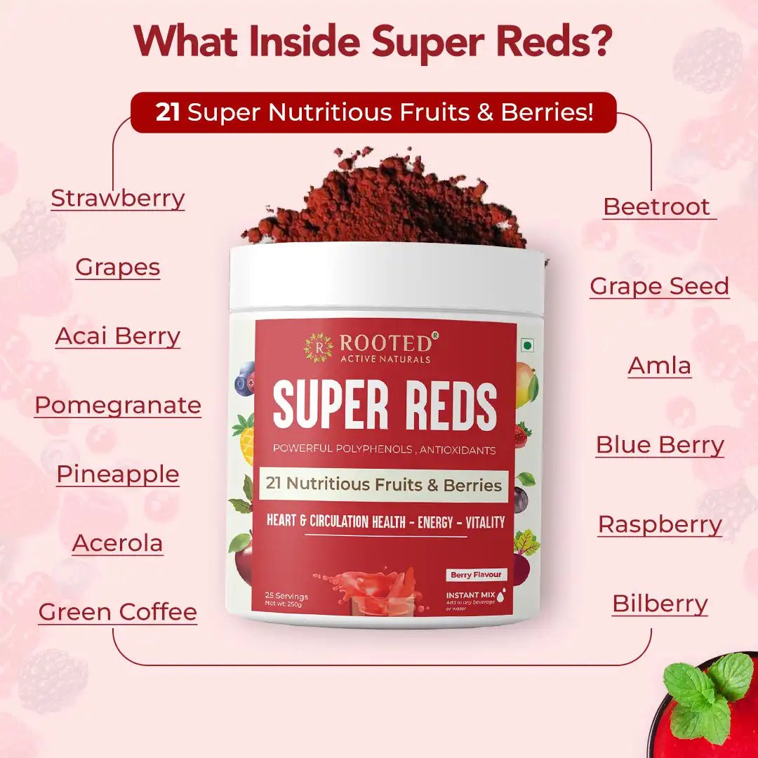 Rooted Super Reds blend of 21 nutritious fruits & berries | Rich in antioxidants, flavonoids & polyphenols | Heart, Circulation health, Energy & Vitality ( 250 gm), Tasty berry flavor ( USA FDA Registered Facility ) - CBD Store India