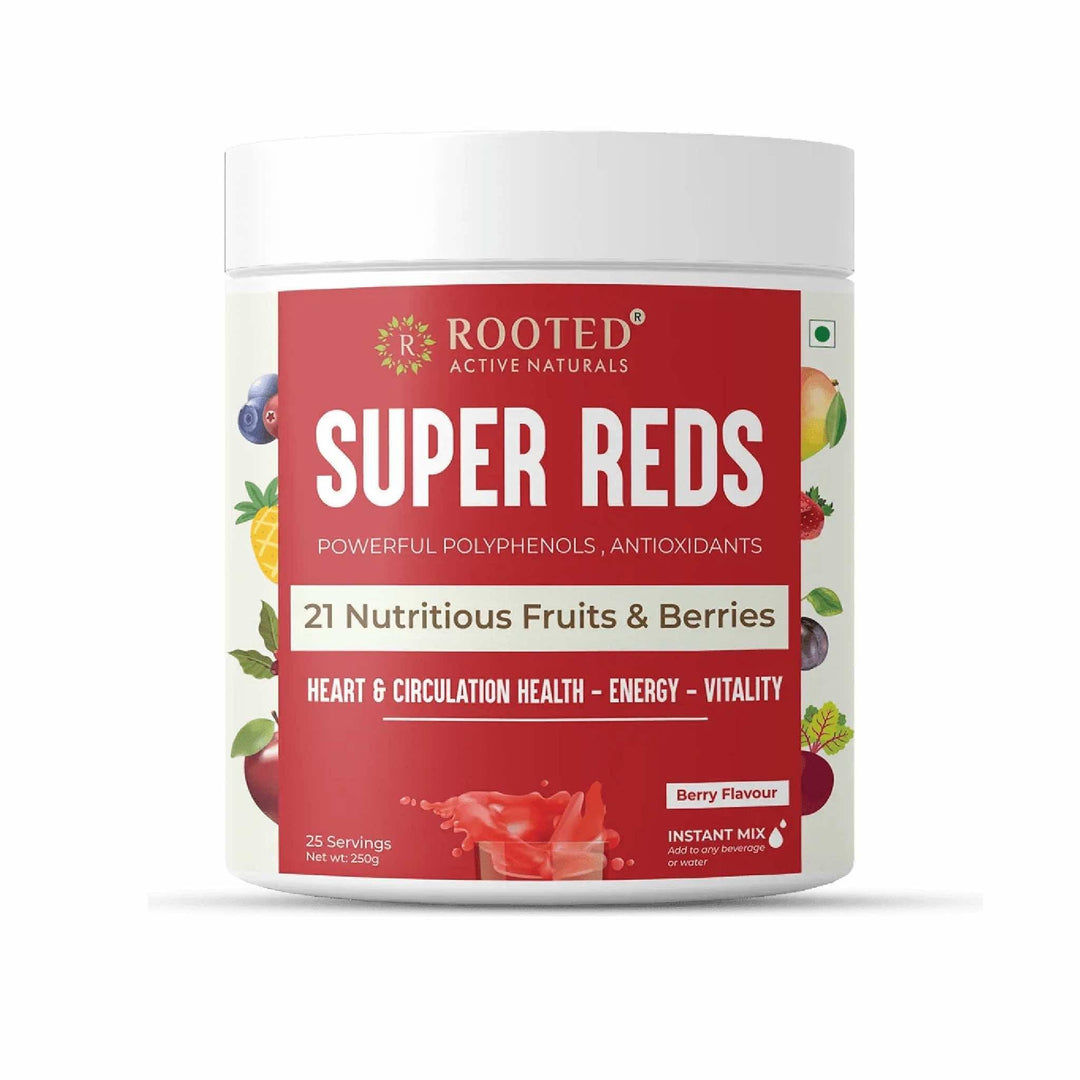 Rooted Actives Super Reds health drink ( 250 g, 21 nutritious fruits, berries & Stevia) | Heart health, Energy & VitalityTasty berry flavour drink mixSuper Reds - Blend of 21 nutritious Fruits & Berries | CBD Store India