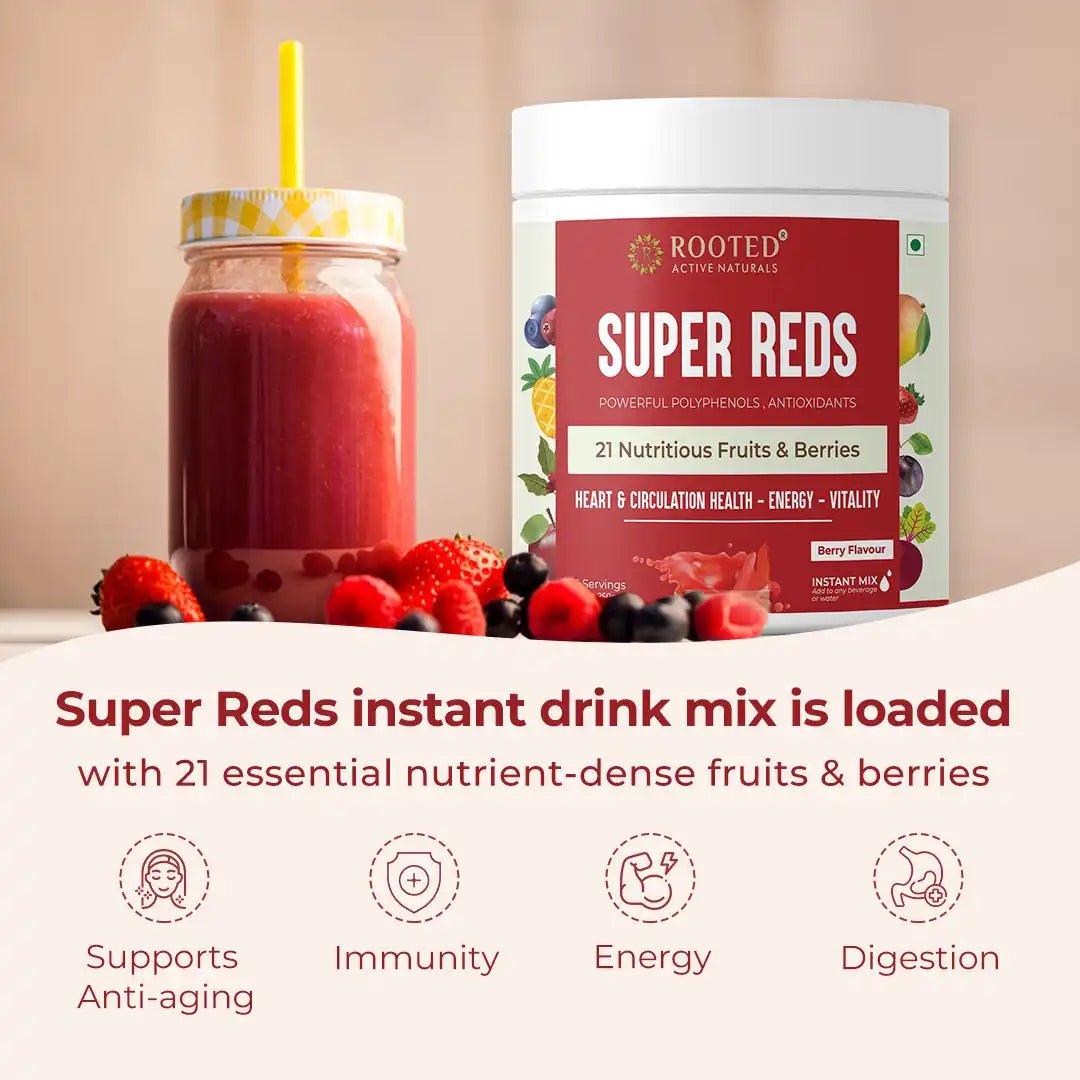 Rooted Actives Super Reds health drink ( 250 g, 21 nutritious fruits, berries & Stevia) | Heart health, Energy & VitalityTasty berry flavour drink mixSuper Reds - Blend of 21 nutritious Fruits & Berries | CBD Store India