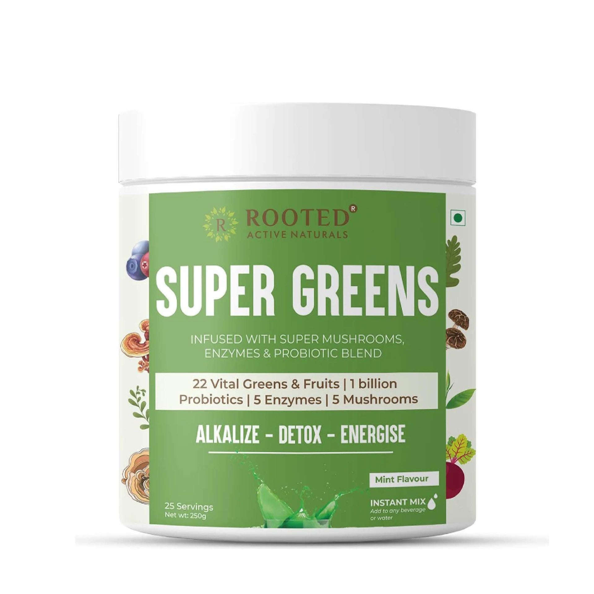 Rooted Superfood Greens, Mushrooms & Herbs blend | 22 Daily Greens & Fruits, 5 Mushrooms, Probiotics & Enzymes | Rich in vitamins, minerals, iron, fiber & antioxidants | 250 grams - CBD Store India
