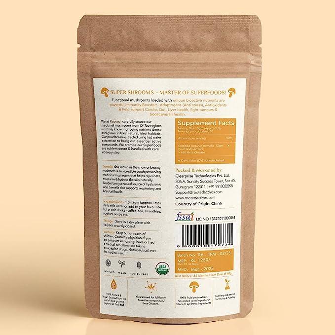 Rooted Actives Tremella Mushroom Extract  (45 g) | Beauty, Skin Glow, Collagen booster, HydrationMushroom Extract PowderRooted Tremella mushroom extract Powder |  Anti Aging Superfood