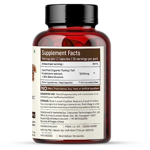 Rooted Actives USDA Organic Turkey Tail Mushroom Extract (500 mg), > 35% Beta Glucansmushroom capsulesRooted Turkey Tail Mushroom Extract Capsules 500 mg | Heart Health, Stress Relief, Liver. USDA Organic, 30% Beta Glucans, Certified Organic