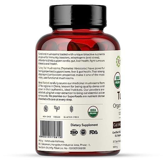 Rooted Actives USDA Organic Turkey Tail Mushroom Extract (500 mg), > 35% Beta Glucans.