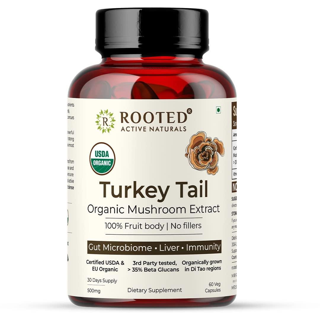 Rooted Actives USDA Organic Turkey Tail Mushroom Extract (500 mg), > 35% Beta Glucansmushroom capsulesRooted Turkey Tail Mushroom Extract Capsules 500 mg | Heart Health, Stress Relief, Liver. USDA Organic, 30% Beta Glucans, Certified Organic