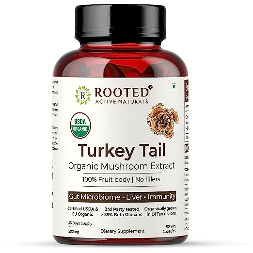 Rooted Turkey Tail mushroom Extract Capsules 500 mg | Heart health, Stress Relief, Liver. USDA Organic, 30% Beta Glucans, Certified organic - CBD Store India