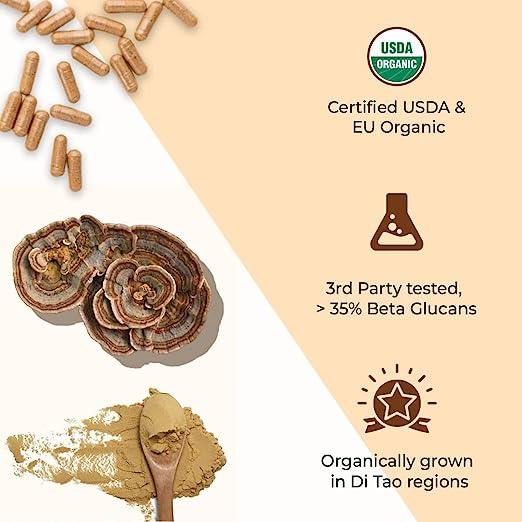 Rooted Actives USDA Organic Turkey Tail Mushroom Extract (500 mg), > 35% Beta Glucansmushroom capsulesRooted Turkey Tail Mushroom Extract Capsules 500 mg | Heart Health, Stress Relief, Liver. USDA Organic, 30% Beta Glucans, Certified Organic
