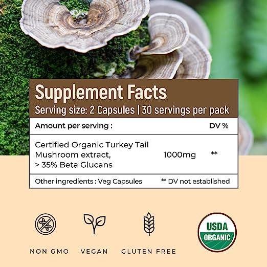 Rooted Actives USDA Organic Turkey Tail Mushroom Extract (500 mg), > 35% Beta Glucansmushroom capsulesRooted Turkey Tail Mushroom Extract Capsules 500 mg | Heart Health, Stress Relief, Liver. USDA Organic, 30% Beta Glucans, Certified Organic