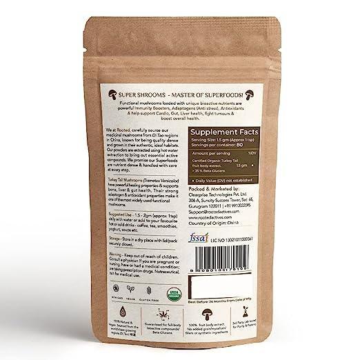 Rooted Actives Turkey Tail mushroom Extract Powder | Gut Health, Liver, Immunity | USDA Organic, 35% Beta Glucans.
