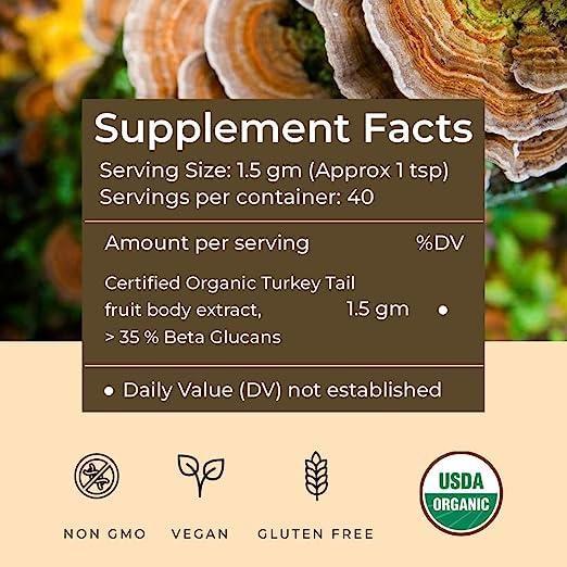 Rooted Actives Turkey Tail mushroom Extract Powder | Gut Health, Liver, Immunity | USDA Organic, 35% Beta Glucans.