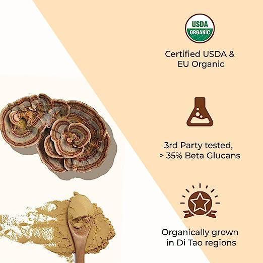 Rooted Actives Turkey Tail mushroom Extract Powder | Gut Health, Liver, Immunity | USDA Organic, 35% Beta Glucans.