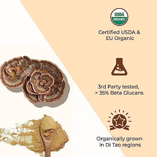 Rooted Actives Turkey Tail mushroom Extract Powder | Gut Health, Liver, Immunity | USDA Organic, 35% Beta GlucansMushroom Extract PowderTurkey Tail Mushroom Extract Powder | For Gut, Digestion & Liver
