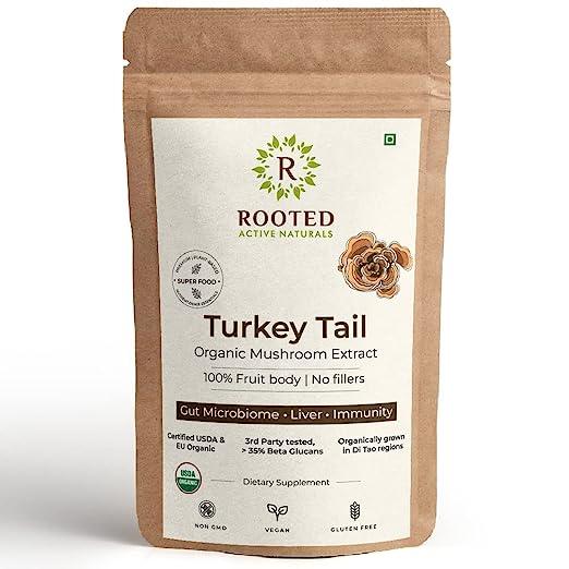 Rooted Actives Turkey Tail mushroom Extract Powder | Gut Health, Liver, Immunity | USDA Organic, 35% Beta GlucansMushroom Extract PowderTurkey Tail Mushroom Extract Powder | For Gut, Digestion & Liver