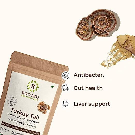 Rooted Actives Turkey Tail mushroom Extract Powder | Gut Health, Liver, Immunity | USDA Organic, 35% Beta GlucansMushroom Extract PowderTurkey Tail Mushroom Extract Powder | For Gut, Digestion & Liver