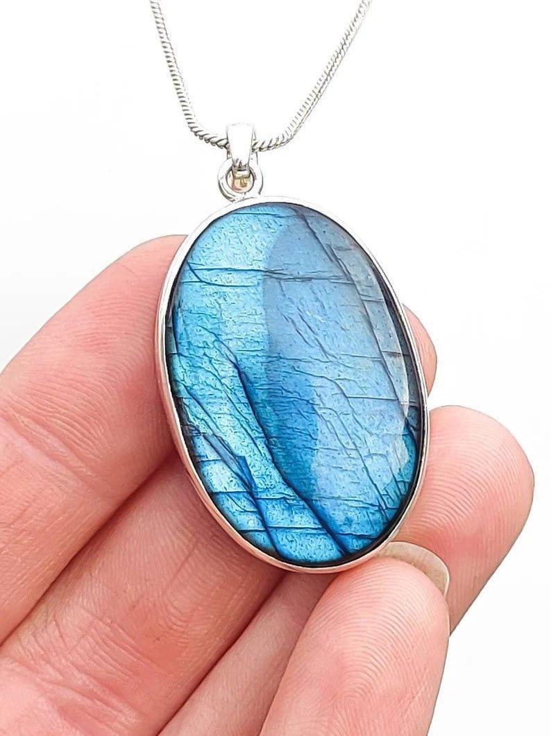 Premium Quality Deep Blue and Aqua Flash Oval Labradorite Sterling Silver Pendant Necklace.