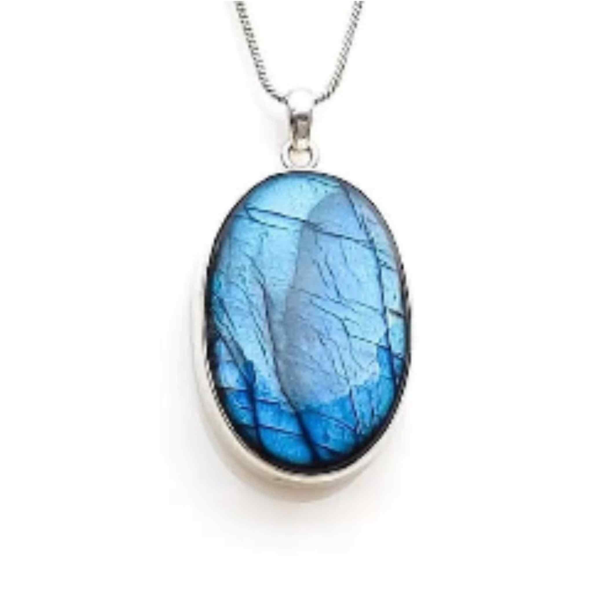 Premium Quality Deep Blue and Aqua Flash Oval Labradorite Sterling Silver Pendant Necklace.