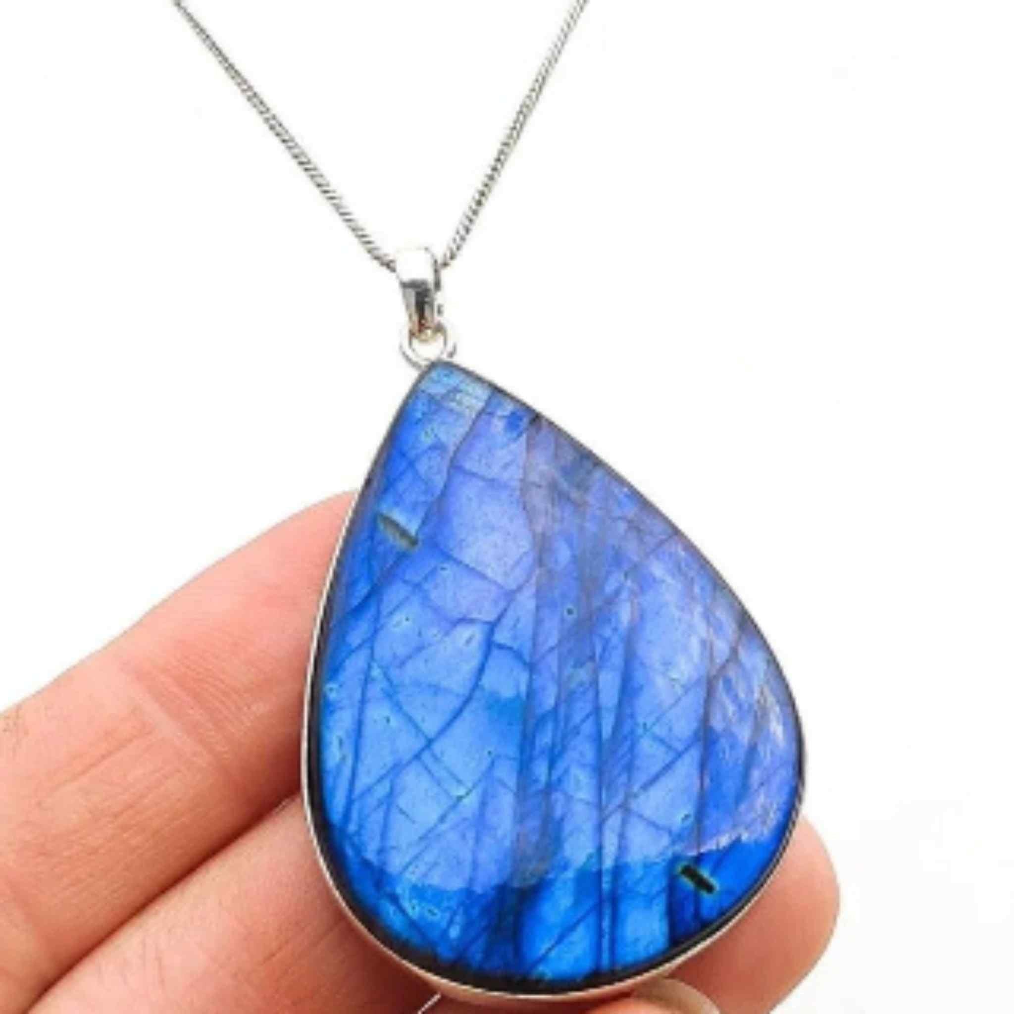 Deep Blue Flash Pear Labradorite Sterling Silver Pendant Necklace.