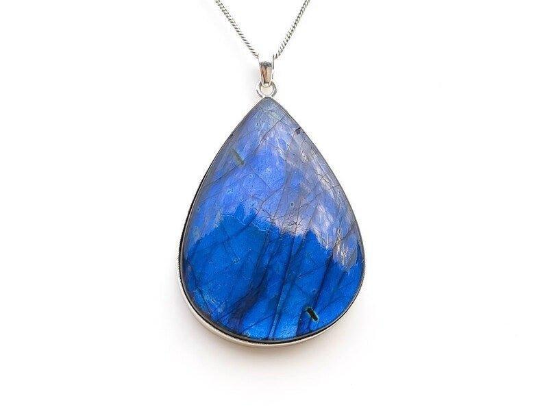 Deep Blue Flash Pear Labradorite Sterling Silver Pendant Necklace.