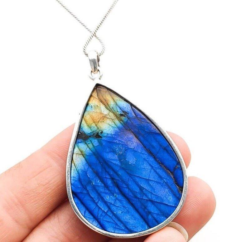 Deep Blue Flash Pear Labradorite Sterling Silver Pendant Necklace.