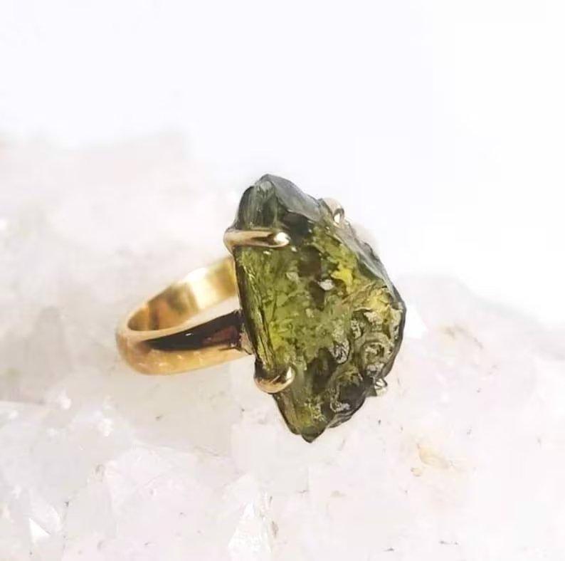Certified Czech Republic Moldavite Prong RingGemstones and CrystalCertified Czech Republic Moldavite Prong Ring