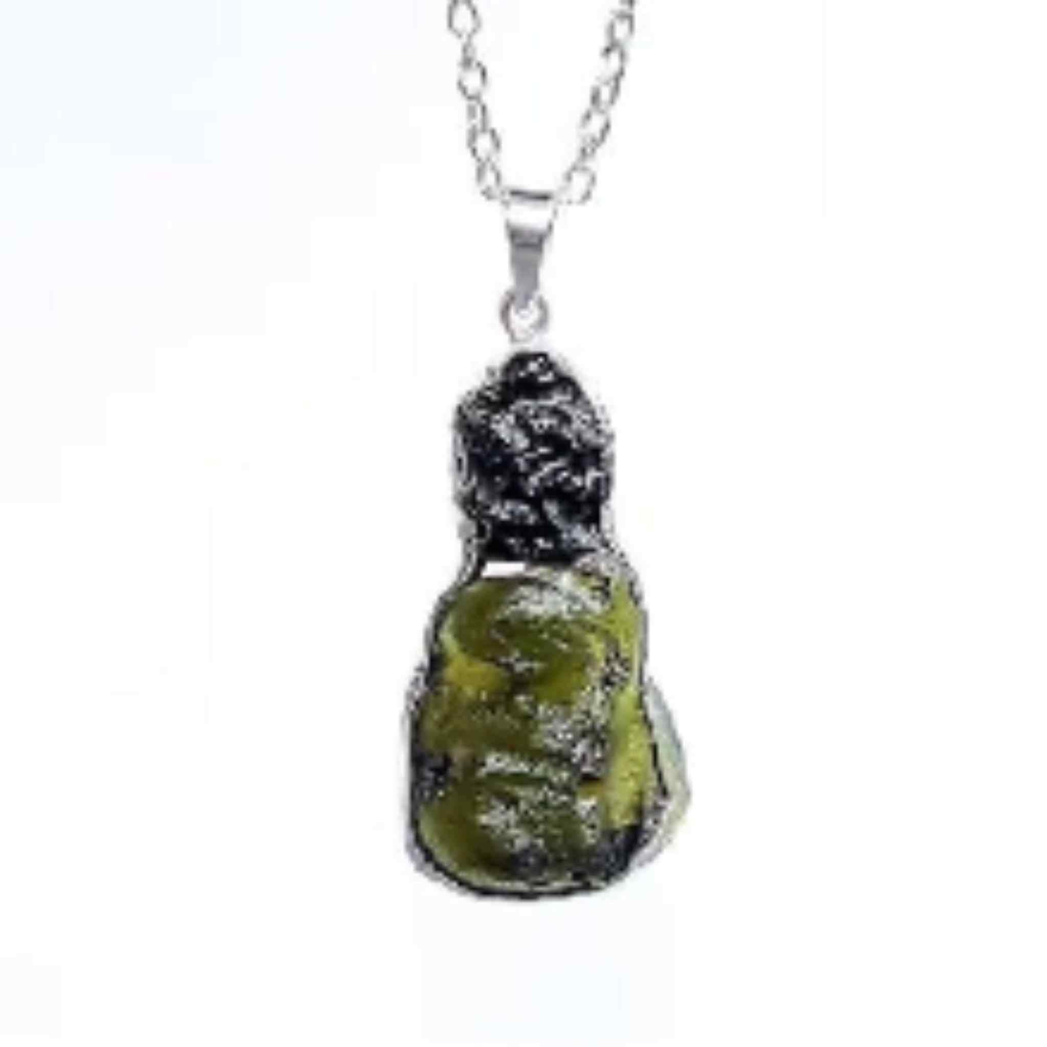 Certified Moldavite & Tibetan Tektite Double Stone Pendant Necklace.