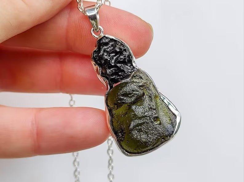 Certified Moldavite & Tibetan Tektite Double Stone Pendant Necklace.