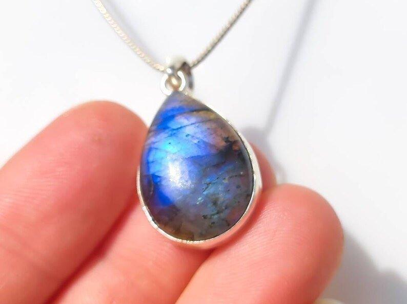 Deep Blue and Aqua Flash Teardrop Labradorite Sterling Silver Pendant Necklace.