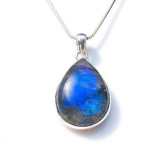 Deep Blue and Aqua Flash Teardrop Labradorite Sterling Silver Pendant Necklace.
