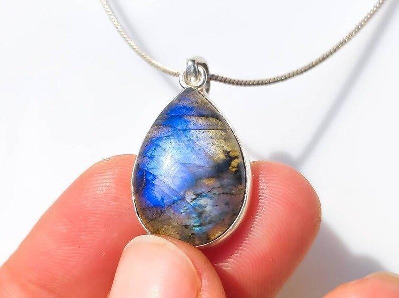 Deep Blue and Aqua Flash Teardrop Labradorite Sterling Silver Pendant Necklace.