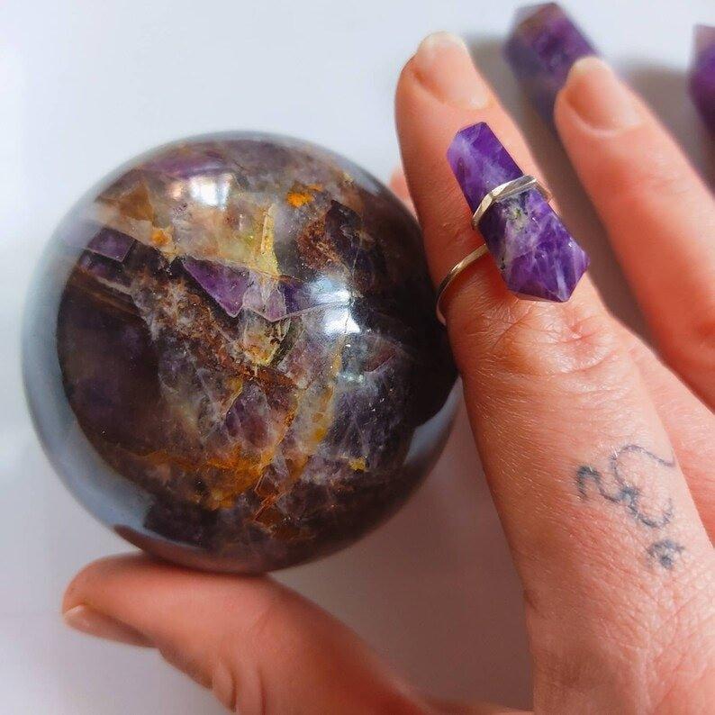 Double Terminated Amethyst Crystal Rings.