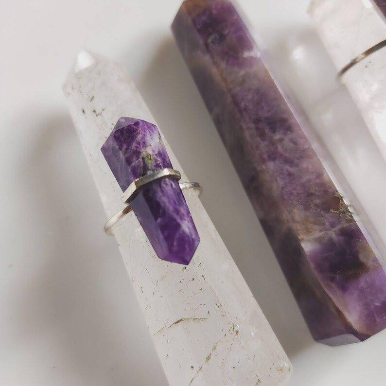 Double Terminated Amethyst Crystal Rings.