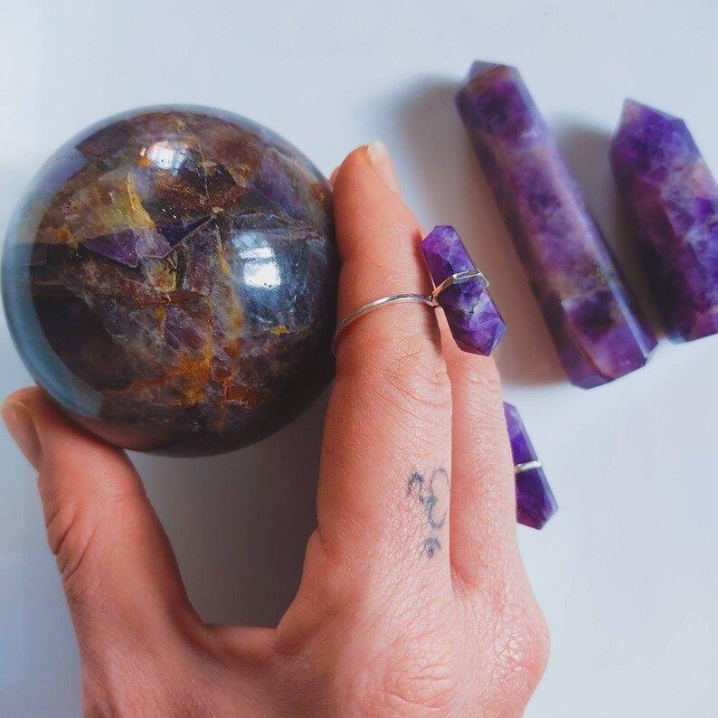 Double Terminated Amethyst Crystal Rings.
