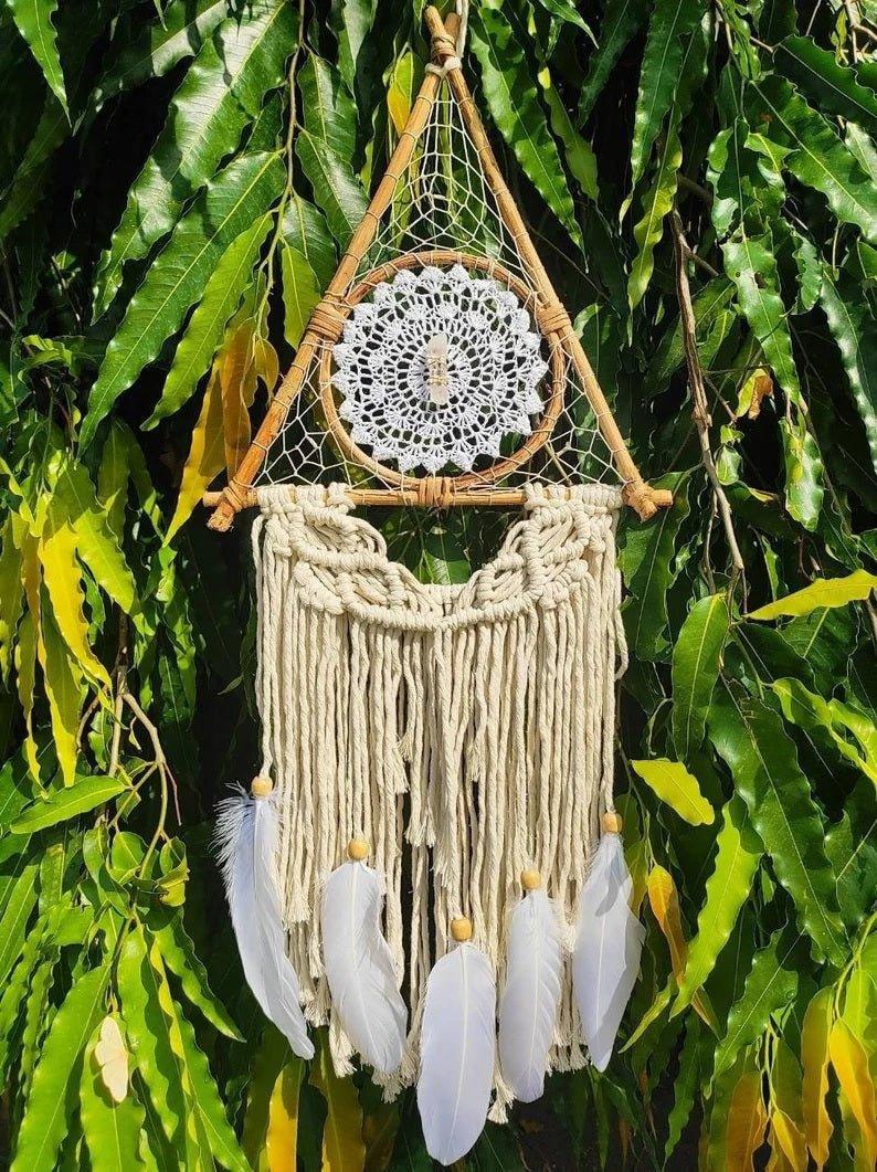 Handmade Bohemian Clear Quartz Crystal Macrame Dreamcatcher.