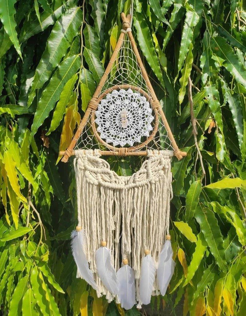 Handmade Bohemian Clear Quartz Crystal Macrame Dreamcatcher.