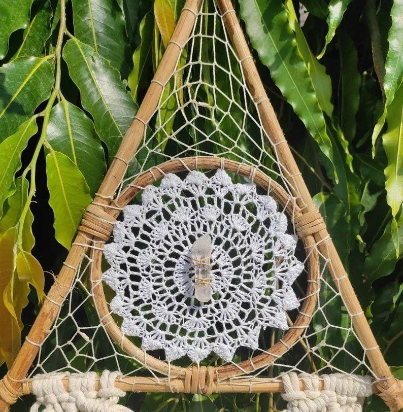 Handmade Bohemian Clear Quartz Crystal Macrame Dreamcatcher.