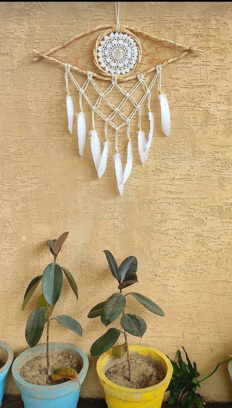 Handmade Bohemian Evil Eye Clear Quartz Crystal Macrame Dreamcatcher.