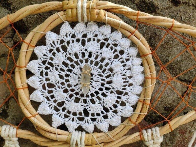 Handmade Bohemian Evil Eye Clear Quartz Crystal Macrame Dreamcatcher.