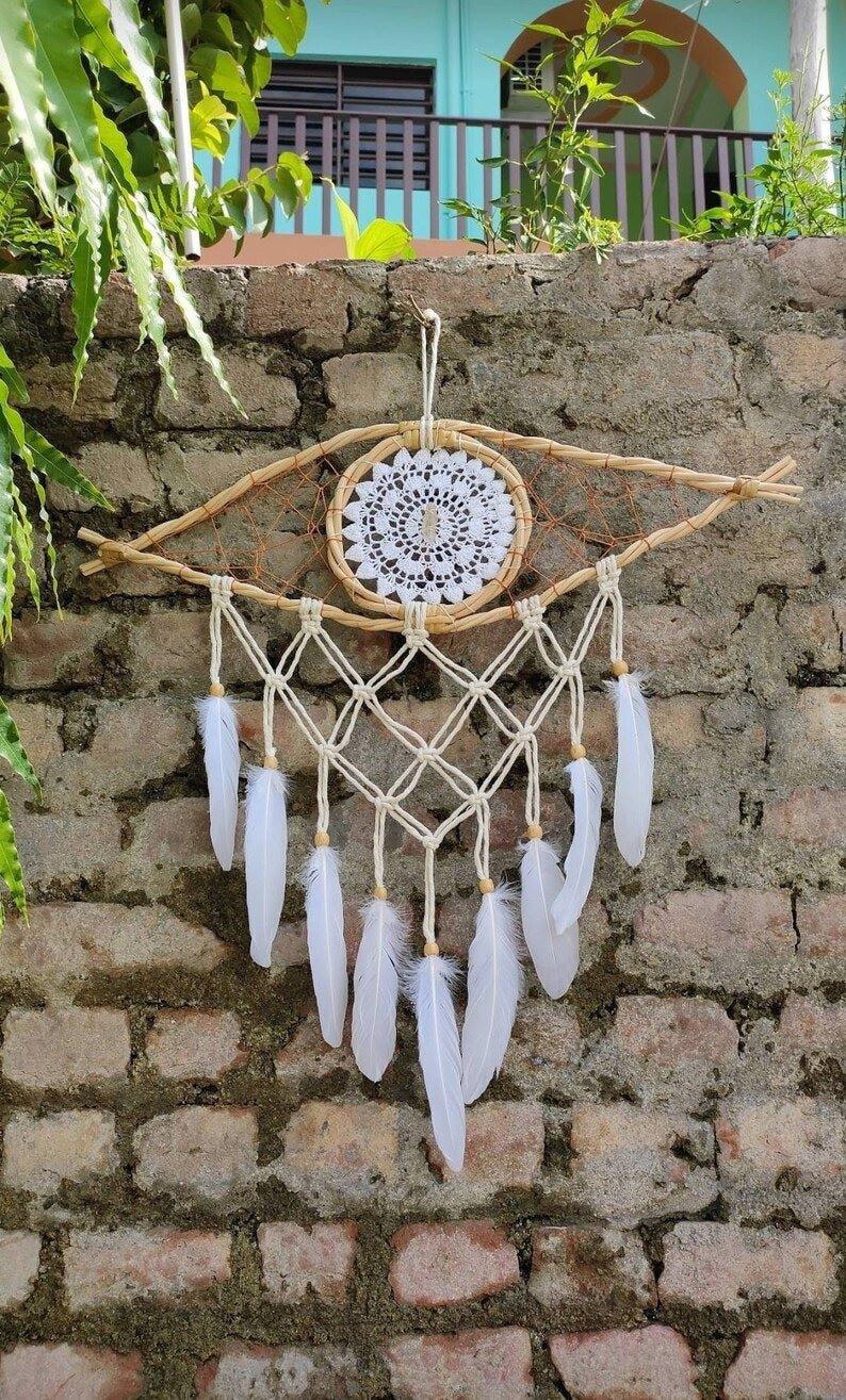 Handmade Bohemian Evil Eye Clear Quartz Crystal Macrame Dreamcatcher.